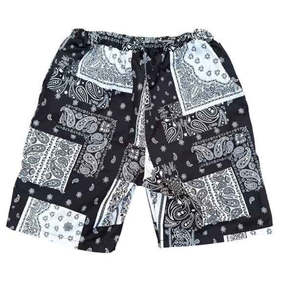 Mens Elastic Waist Paisley Bandana Print Black & White Cotton Shorts Size L - Picture 2 of 4